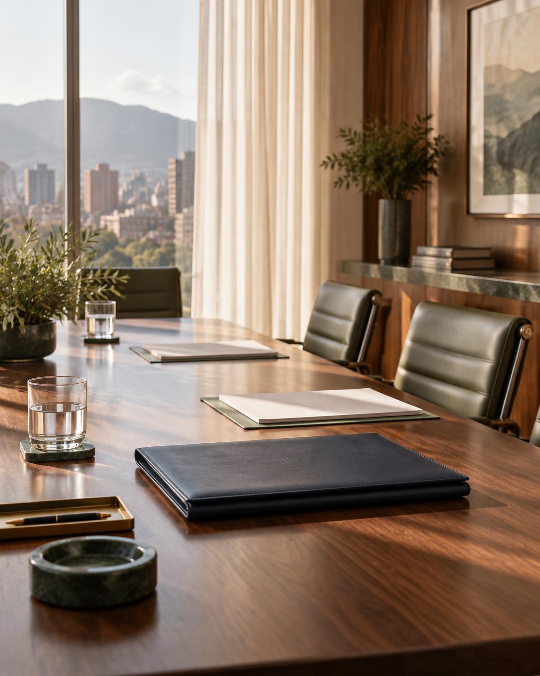 Sala de juntas con iluminación natural y mesa de trabajo